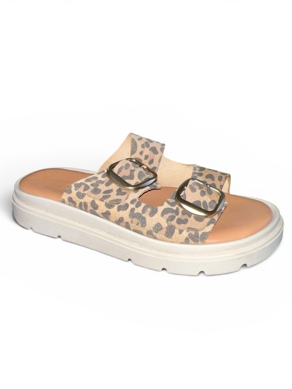 Simona Rossi Size 40 Leopard Print Double Buckle Leather Platform Slide Sandals